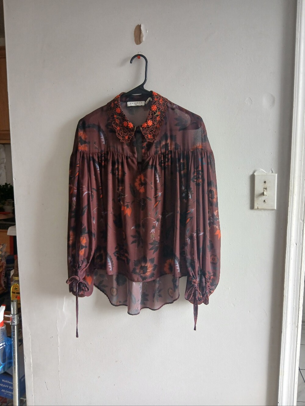 Sandro Burgundy Floral Embroidered-Collar Blouse